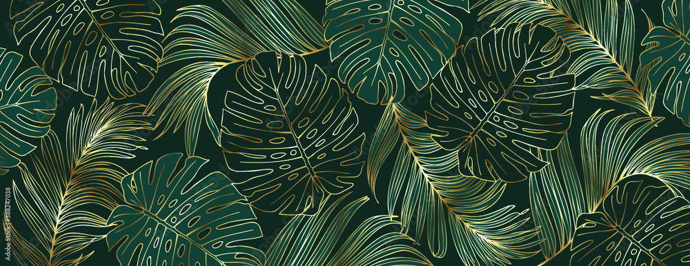 Luxury gold and nature green background vector. Floral pattern, Golden split-leaf Monstera plant with palm leaves, Vector illustration. - obrazy, fototapety, plakaty 
