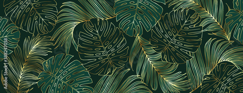 Luxury gold and nature green background vector. Floral pattern, Golden split-...