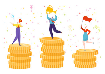 Business victory, success winner achievement and successful cup win vector illustration. Businessman leader hold trophy on money, champion people with award. Flat professional reward.