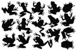 Hand drawn black vector silhouettes of tree frogs. Stock illustration of amphibians.