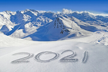 Wall Mural - 2021 written in the snow, mountain landscape in the background