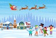 © Rogatnev - happy new year and merry Christmas greeting card. Christmas landscape. Children building snowman. Winter holidays. Santa Claus with deers in sky. Vector illustration in flat style