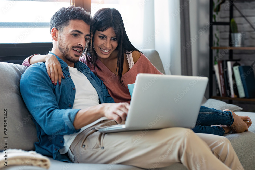 Happy beautiful couple using computer while sitting on the couch at ...