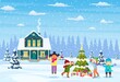 © Rogatnev - happy new year and merry Christmas greeting card. Christmas landscape. kids decorating a Christmas tree. Winter holidays. Vector illustration in flat style