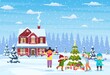 © Rogatnev - happy new year and merry Christmas greeting card. Christmas landscape. kids decorating a Christmas tree. Winter holidays. Vector illustration in flat style