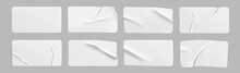 White Glued Crumpled Rectangle Stickers Mock Up Set. Blank White Adhesive Paper Or Plastic Sticker Label With Wrinkled And Creased Effect. Template Label Tags Close Up. 3d Realistic Vector