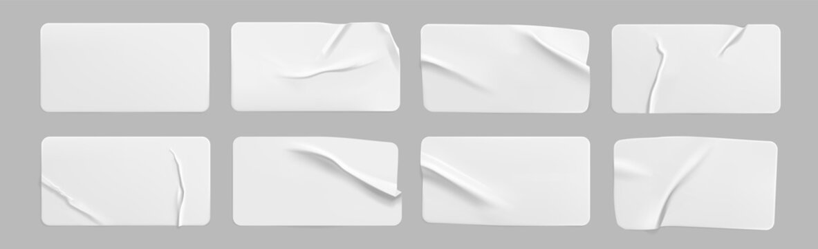 White glued crumpled rectangle stickers mock up set. Blank white adhesive paper or plastic sticker label with wrinkled and creased effect. Template label tags close up. 3d realistic vector