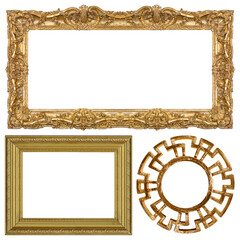 Set of golden frames for paintings, mirrors or photo isolated on white background