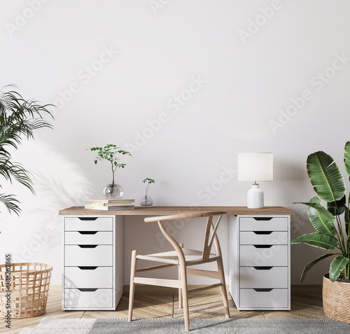 Cuadros en Lienzo mock up wall in bright farmhouse interior background, wooden office, 3d render