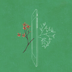 Twig and leaves becoming digital image on smart phone