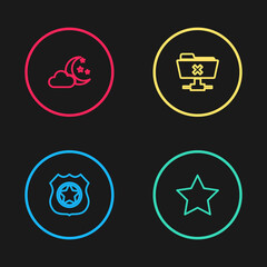 Sticker - Set line Police badge, Star, FTP cancel operation and Cloud with moon and stars icon. Vector.