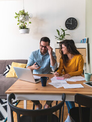 Wall Mural - Smiling couple manage finances at home