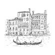 Hand drawn sketch vector illustration of Venice, Italy. Drawing of a canal, houses and gondola. Tourism Concept.