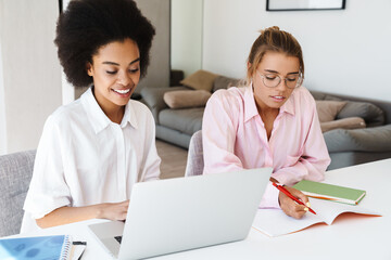 Wall Mural - Multicultural students girls doing homework with laptop together