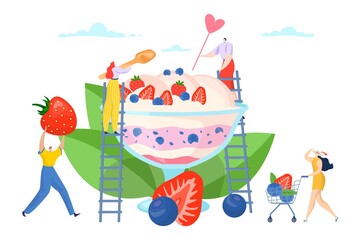 Flat summer ice cream sweet dessert design, cartoon girl man character banner vector illustration. Person at fresh ice cream concept. People have delicious food party, happy holiday background.