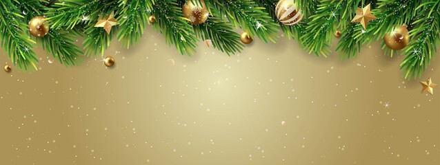 Wall Mural - Christmas and New Year background with fir branches and Christmas balls