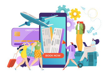 Wall Mural - Online flight travel service in smartphone, vector illustration. Flat mobile plane ticket in internet technology app phone. Airplane journey trip reservation concept. People buy ticket design.