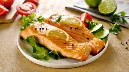 Wall Mural - salmon fish with lemon and lettuce