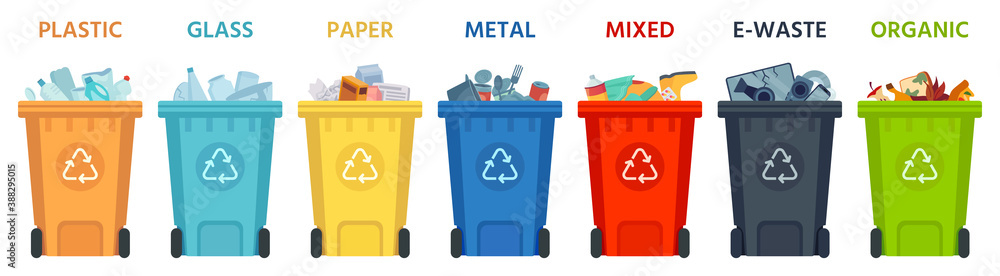 Recycling bins. Containers with separated garbage. Trash cans for plastic, glass, paper and organic. Segregate waste vector illustration. Garbage recycling, organic recycle box for trash material - obrazy, fototapety, plakaty 