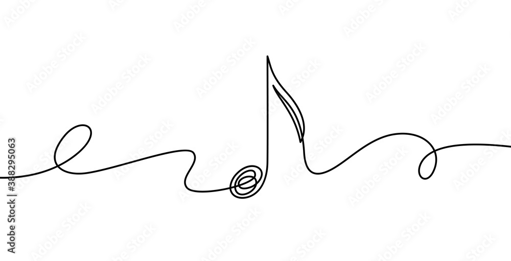 Continuous line music note. Musical symbol in one linear minimalist style. Trendy abstract wave melody. Vector outline sketch of sound. Illustration musical graphic contour, minimalistic note outline - obrazy, fototapety, plakaty 