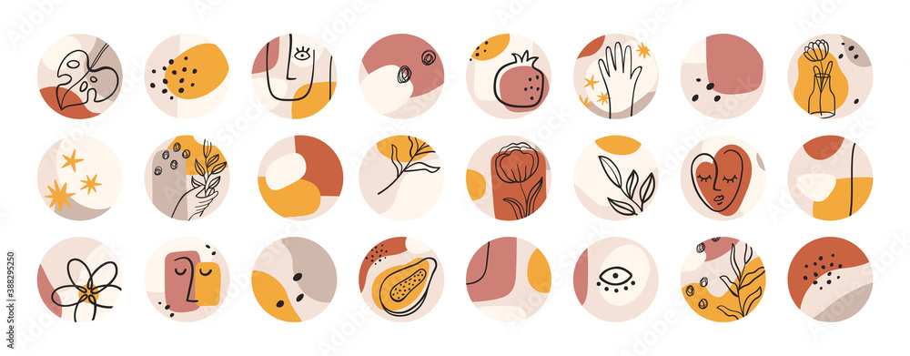 Abstract highlight covers. Contemporary shapes and minimalist line woman face. Round icons for bloggers social media stories, vector set. Highlight fashion lifestyle, flower contemporary round stories - obrazy, fototapety, plakaty 