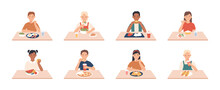 Kids Eat. Boys, Girls Group Eating Meals And Drinks At Table, Enjoying Breakfast, Lunch Children Vector Character. Dinner Sitting People, Breakfast Enjoying Fast Food And Other Meal Illustration