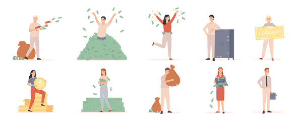 Wall Mural - Rich men and women. Wealthy people with moneybags and cash dollar, millionaire bathing in money, entrepreneur finance success vector set. Illustration millionaire with moneybag, and bathing in cash