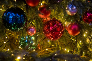 Close-up of a Christmas tree branch with decorative balls, toys and a shining garland. soft focus, background in blur.