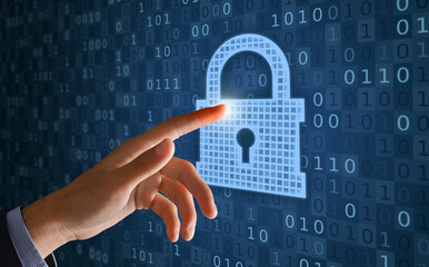 Fototapete - Collage of hand touching closed padlock with keyhole icon