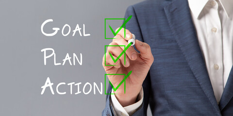 Sticker - Businessman Writing Checklist For Business Goal Achievement Over Gray Background