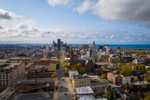 Downtown Buffalo New York During Fall With Lake Erie In The Background, Aerial Drone Photo