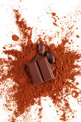 Poster - Cocoa powder, beans and chocolate on white background from above.