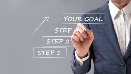 Sticker - Businessman Setting Goal Writing Steps To Achieve Success, Gray Background