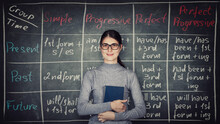 Young Woman Teacher Or Student, Wearing Eyeglasses And Holding A Book, Stands In Front Of Blackboard Written With Chalk English Grammar Table With The List Of Tenses. Learning Verb Structure System.