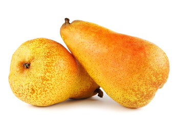 Two juicy yellow pears are isolated on a white background.