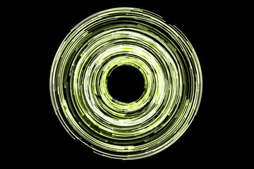 Wall Mural - Green neon circle lines. Empty copy space inside. Colorful led lights. Long exposure rotation photo. Round light shape isolated on black. Shiny glittering ring.