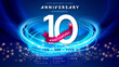 10 years anniversary logo template on dark blue Abstract futuristic space background. 10th modern technology design celebrating numbers with Hi-tech network digital technology concept design elements.