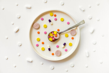 Top view of medicine pills, tablets and different drugs in light plate with spoon. Taking medication, pills instead of food concept