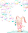 bunny in pink dress blowing bubbles, isolated on white
