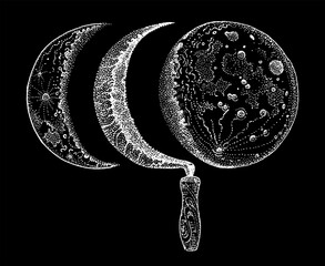 Sickle and moon phases. Waning and crescent moon. Hand drawn vector illustration isolated white on black. T shirt print, tattoo design in dotwork style. Nature, rural, magic, esoteric symbol.