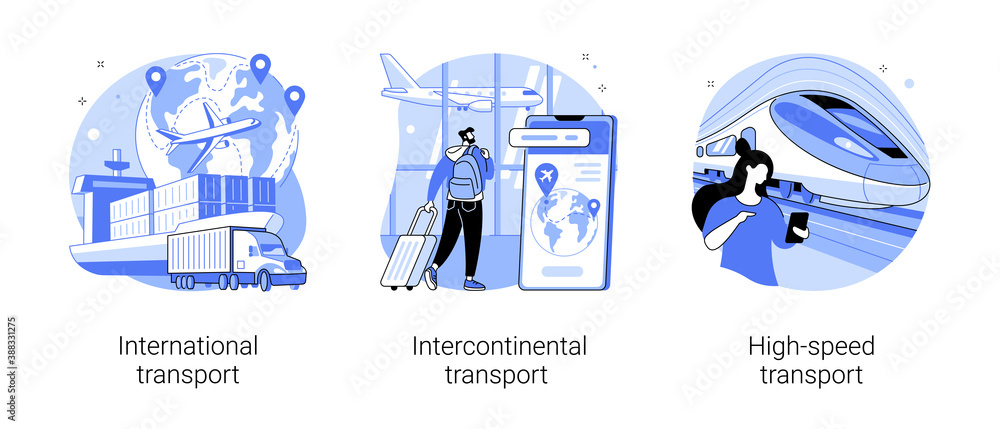 Modern transportation abstract concept vector illustration set. International, intercontinental and high-speed transport, sea freight, air cargo, plane at airport, railway station abstract metaphor. - obrazy, fototapety, plakaty 