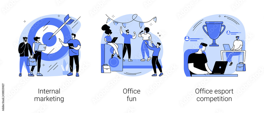 Employee engagement abstract concept vector illustration set. Internal marketing, office fun and esport competition, stress management, teambuilding, video game tournament abstract metaphor. - obrazy, fototapety, plakaty 