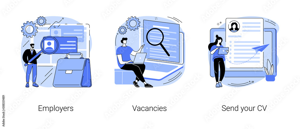 Apply for a job abstract concept vector illustration set. Employers and vacancies, send your CV, hiring, hr service, start your career, company corporate website, headhunting abstract metaphor. - obrazy, fototapety, plakaty 