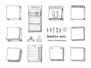 Vector Set of Doodle sticky note, paper sheet, pack of paper, calendar, pin, binder.  Sketch Office stuff. Hand drawn doodle vector illustration. Design elements for infographic, doodle icon.  School
