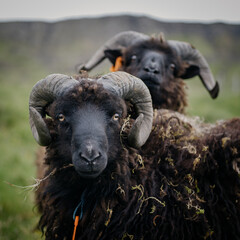 Two Rams looking towards camera, Faroe Islands.
