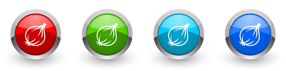 Leinwandbilder - Fresh onion, vegetable silver metallic glossy icons, set of modern design buttons for web, internet and mobile applications in four colors options isolated on white background
