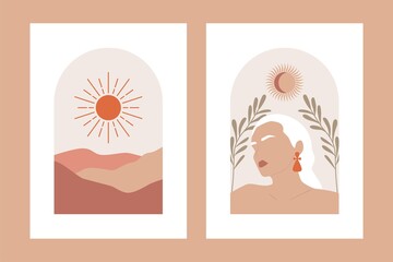 Wall Mural - abstract feminine posters. boho contemporary wall art banners, hand drawn wallpapers interior decora
