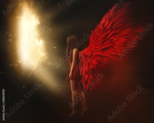 Cuadros en Lienzo Young beautiful angel woman with red wings travels, flies between worlds and universes through a space portal, shining gates
