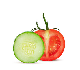 Wall Mural - slice of fresh green cucumber and tomato on a white background