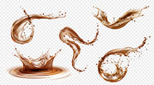 Splashes Of Coffee, Tea Or Cola Isolated On Transparent Background. Vector Realistic Set Of Liquid Waves Of Falling And Flowing Brown Water, Whiskey Or Beer With Drops And Swirls